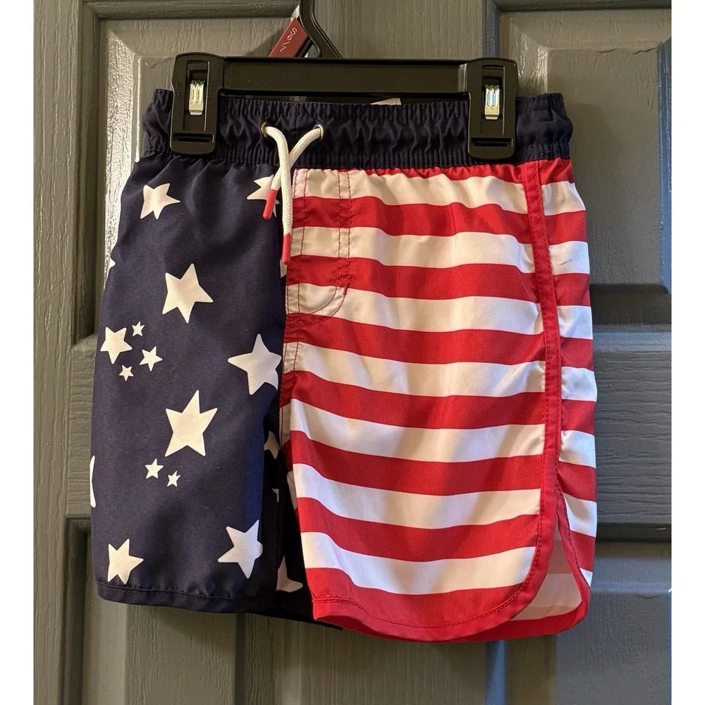 Cat & Jack Boys Size 4/5 Stars & Stripes Flag Swim Trunks Red White Blue